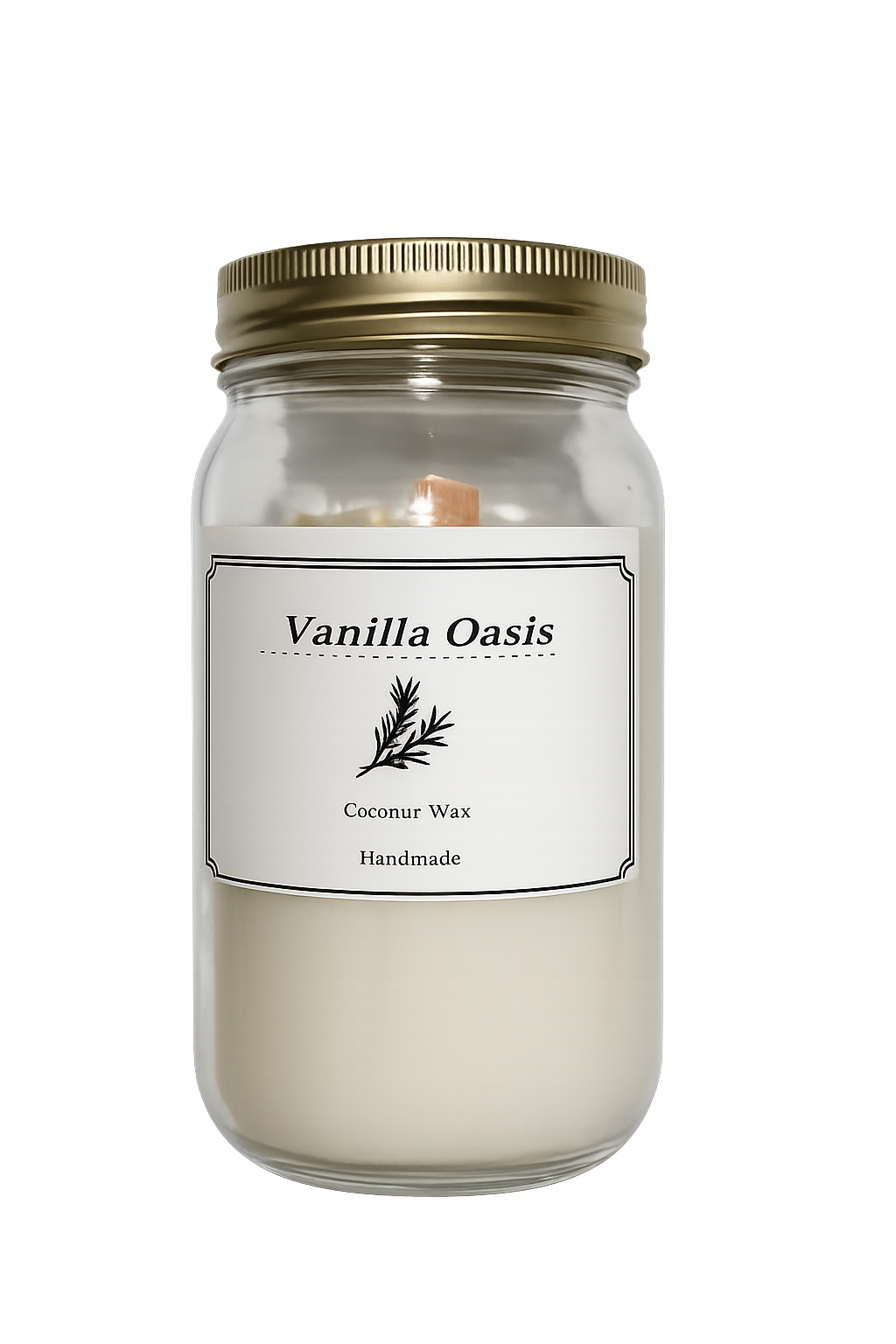 Vanilla Oasis coconut wax candle in a gold-lid mason jar
